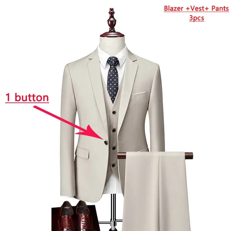 Men’s 3-Piece Slim Fit Formal Suit – Wedding Groom Tuxedo with Jacket, Vest & Pants – Business Dress Suit for Office & Events