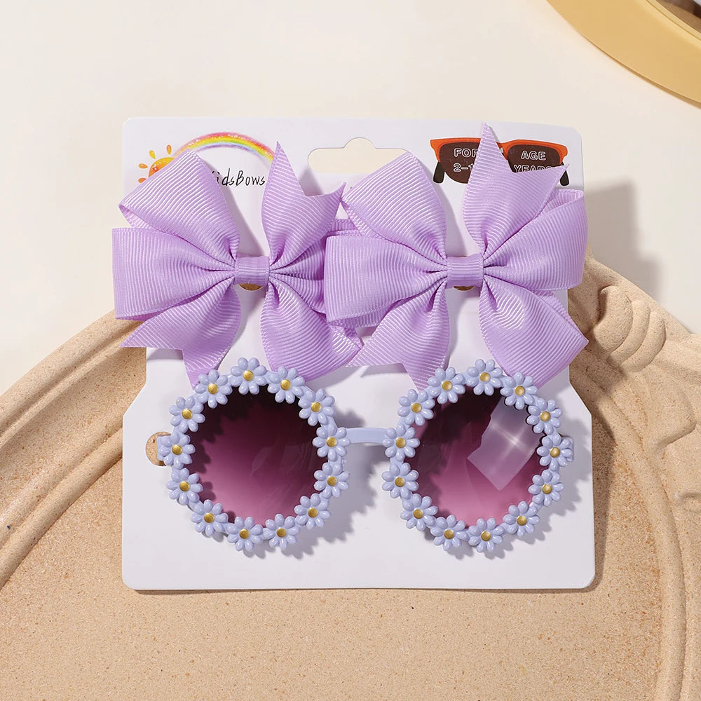 3-Piece Cheer Bow Hair Clip & Retro Flower Sunglasses Set – Handmade Cute Kids Accessories
