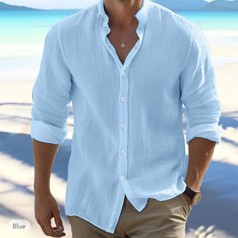 Men's Cotton Linen Long-Sleeved Shirt – Summer Casual Beach Style, Solid Color, Stand-Up Collar, Plus Size - StarLuxeTrend