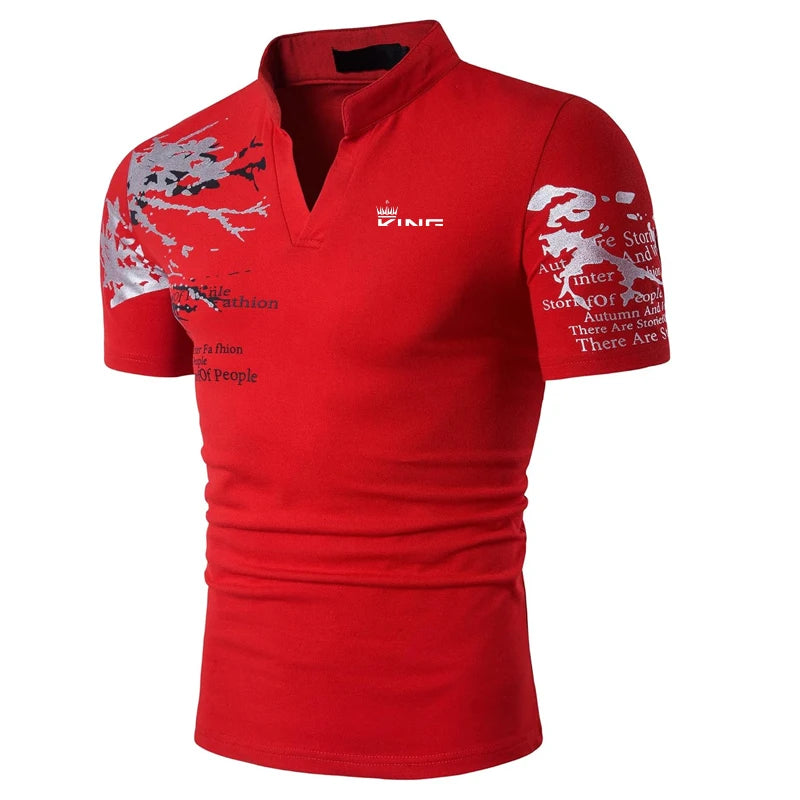 Men’s Graphic Print Polo Shirt – V-Neck Casual Summer Golf & Streetwear | Short Sleeve Polyester Top