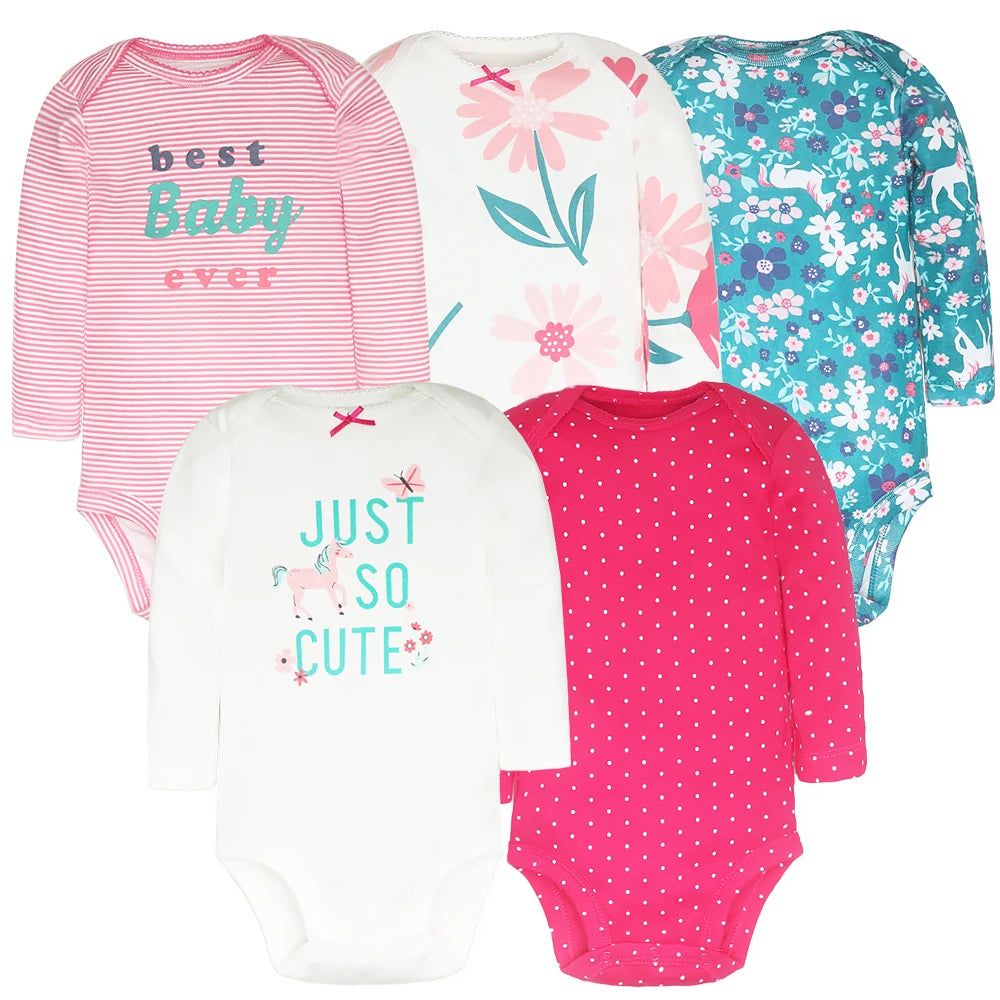 Soft Cotton Baby Bodysuits Set – 3 to 5 PCS Long Sleeve Infant Romper for Boys & Girls - Cute Cartoon Jumpsuit for All Seasons