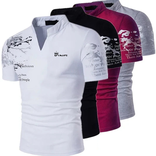 Men’s Graphic Print Polo Shirt – V-Neck Casual Summer Golf & Streetwear | Short Sleeve Polyester Top