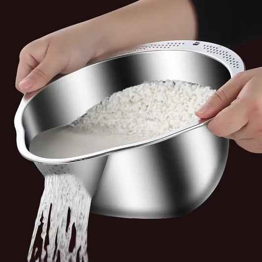 Rice Washer Strainer Bowl - 4-in-1 Washing Bowl for Quinoa -Stainless Steel Rinser With Side Drains