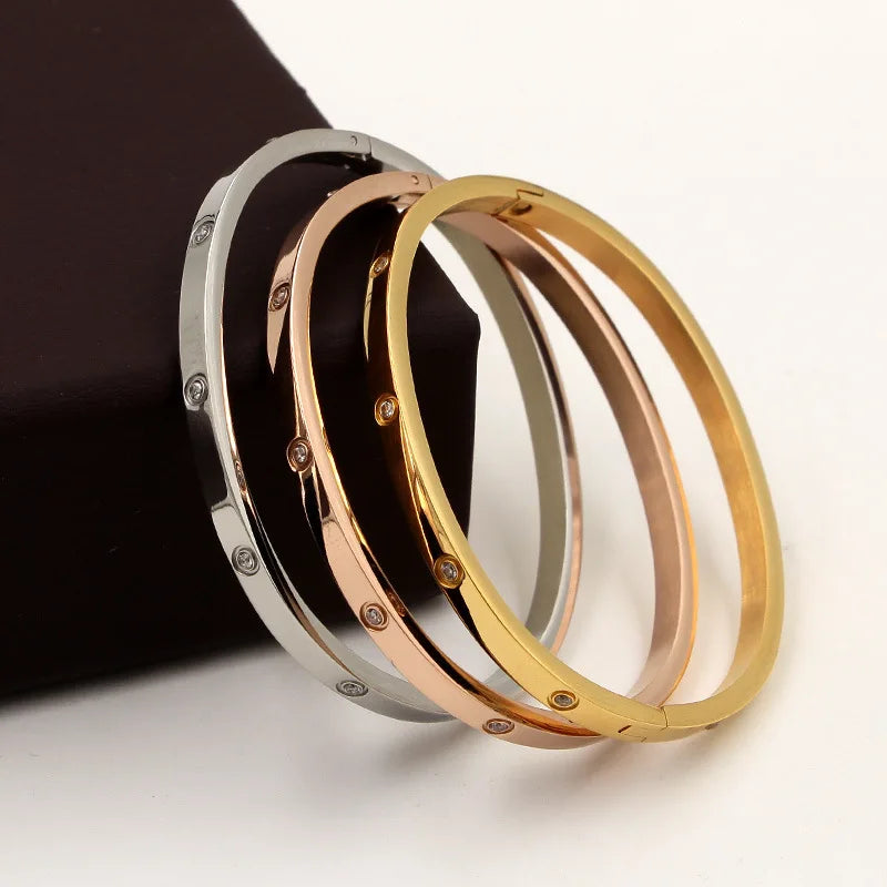 18K Platinum Plated Stainless Steel Diamond Oval Bangle Set