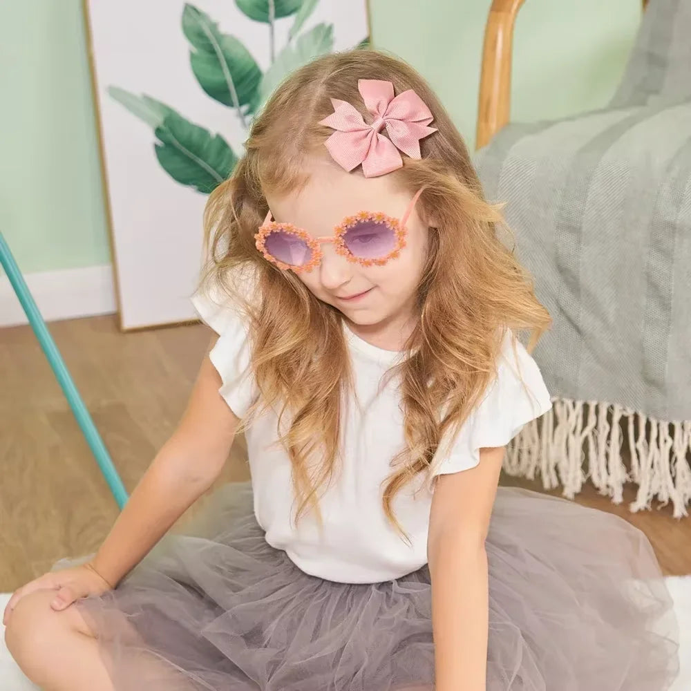 3-Piece Cheer Bow Hair Clip & Retro Flower Sunglasses Set – Handmade Cute Kids Accessories