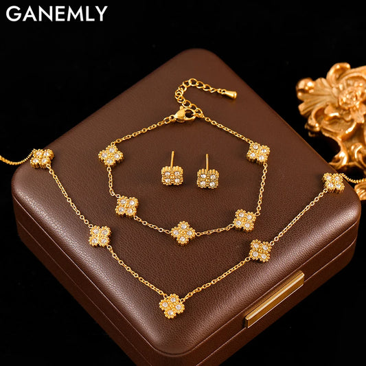 Sparkling Leaf Clover Jewelry Set – Elegant 3-Piece