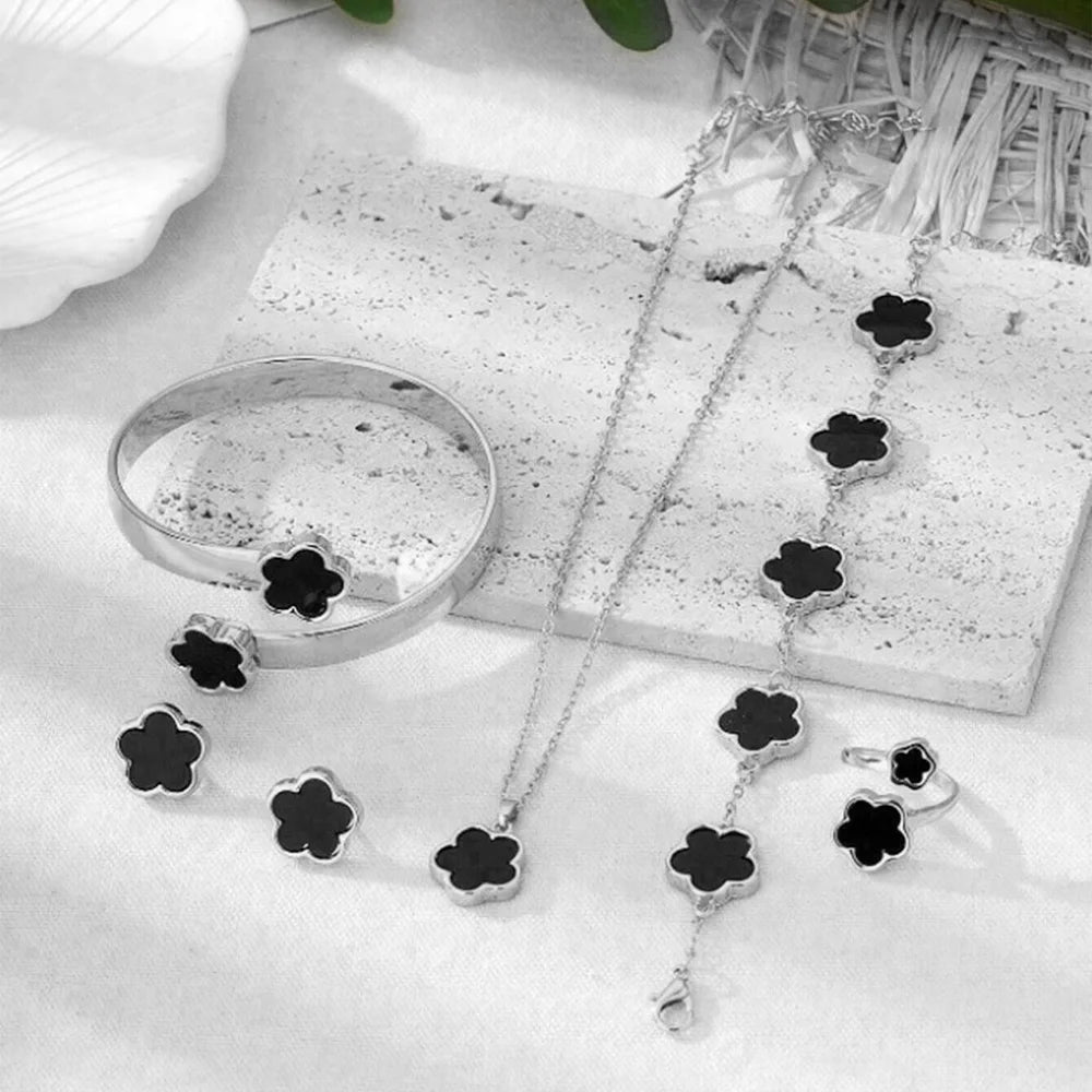 Lucky Five-Petal Flower Jewelry Set for Women – 5pcs Fashion Necklace, Earrings, Ring, Bracelet- Anniversary & Birthday Gift