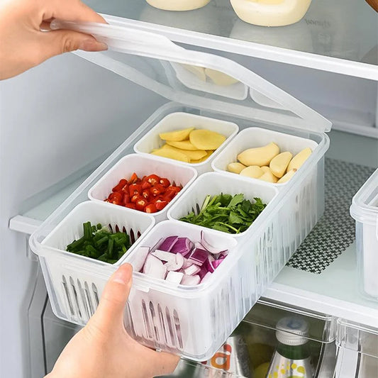 Multi-Grid Refrigerator Fresh-Keeping Box – Garlic, Onion, Ginger, Vegetable & Fruit Storage with Drain Basket