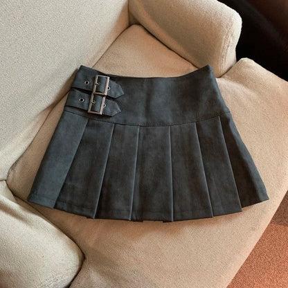 Women Vintage Mini Leather Pleated Skirt