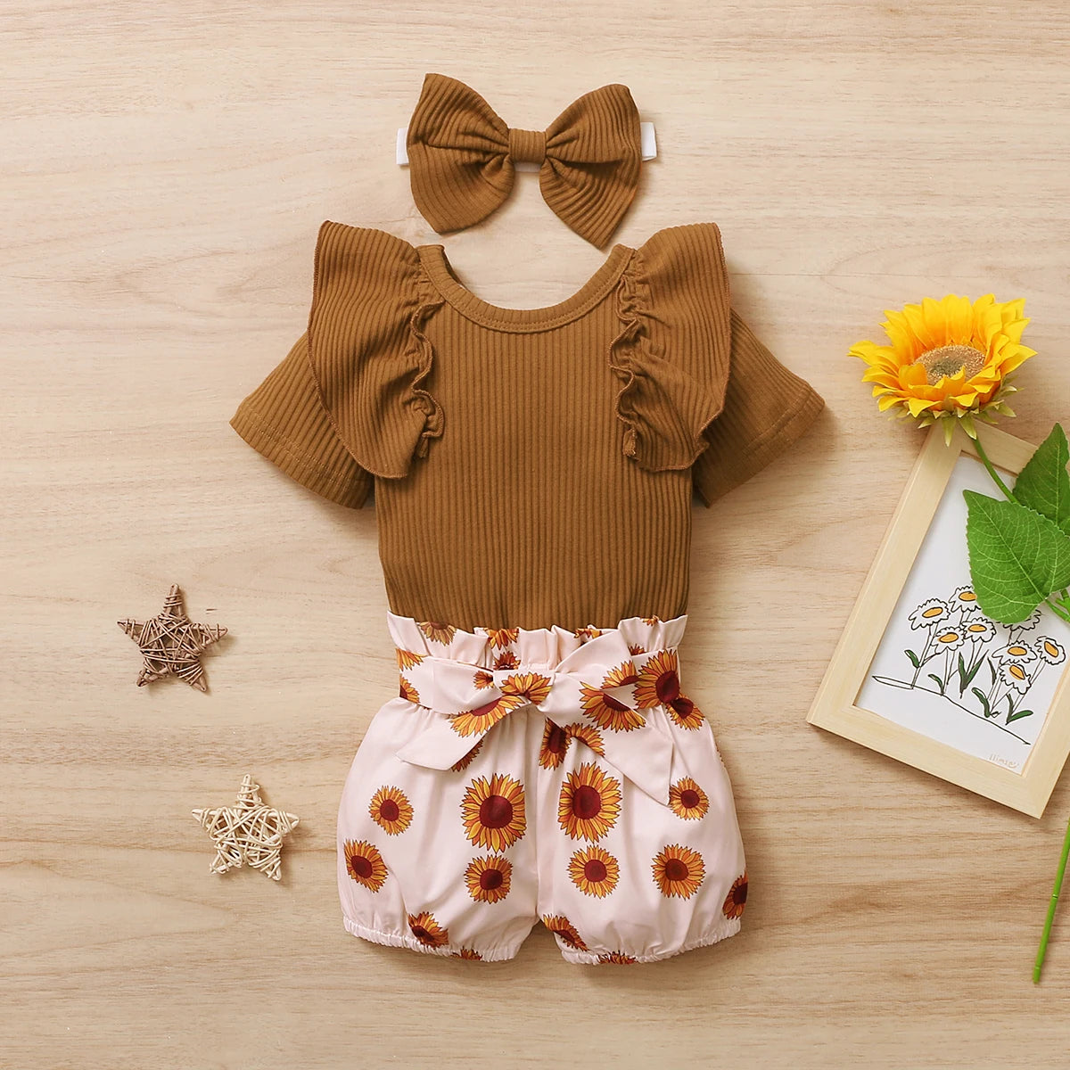 Adorable Baby Girl Summer Outfit Set – Floral Print Ruffle Top with Matching Headband & Shoes | Sizes 3M–24M