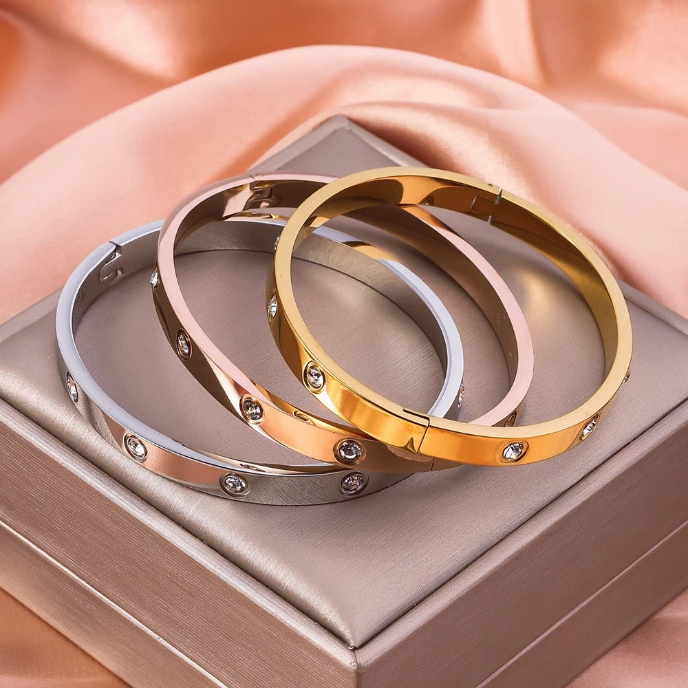 18K Platinum Plated Stainless Steel Diamond Oval Bangle Set