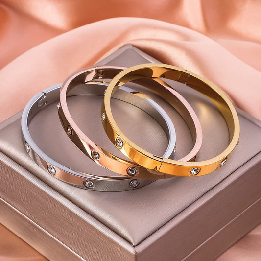 18K Platinum Plated Stainless Steel Diamond Oval Bangle Set