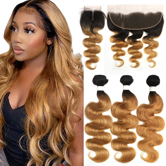 Colored Body Wave Hair Weave ~3/4 Bundles With Closure~Blonde 1B/27 Remy Ombre Human Bundles With Lace Frontal Closure