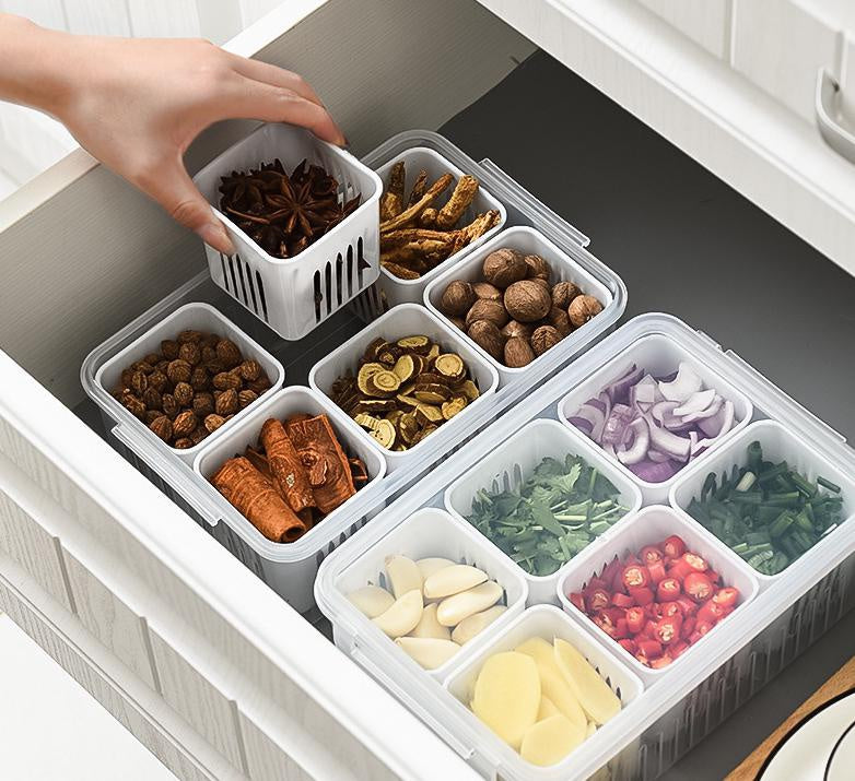 Multi-Grid Refrigerator Fresh-Keeping Box – Garlic, Onion, Ginger, Vegetable & Fruit Storage with Drain Basket
