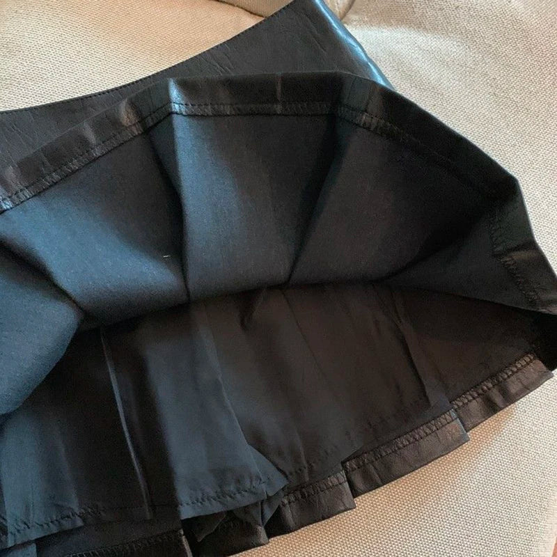 Women Vintage Mini Leather Pleated Skirt