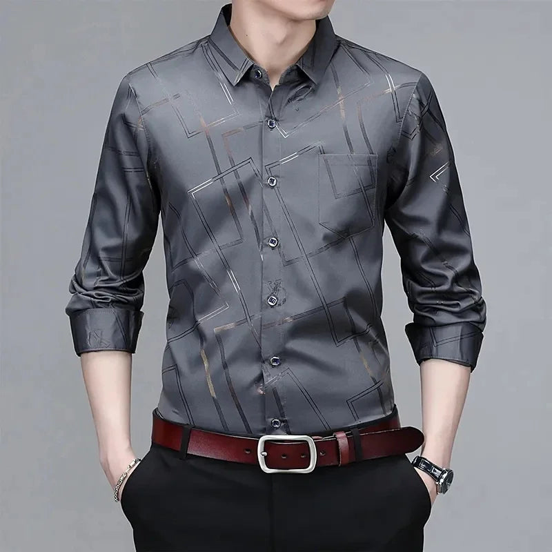 Men's Casual and Fashionable Long Sleeved Printed Shirt, Non Ironing and Wrinkle Resistant Business Top - StarLuxeTrend