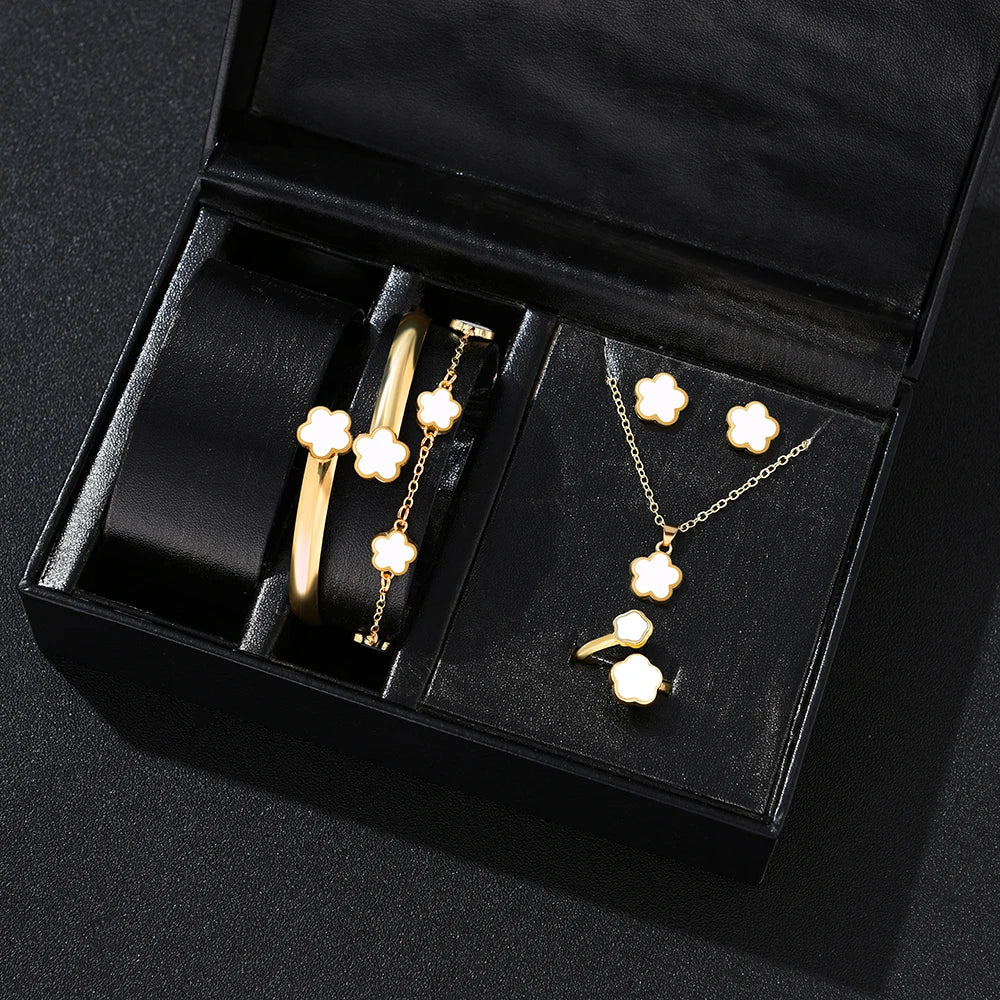 Lucky Five-Petal Flower Jewelry Set for Women – 5pcs Fashion Necklace, Earrings, Ring, Bracelet- Anniversary & Birthday Gift