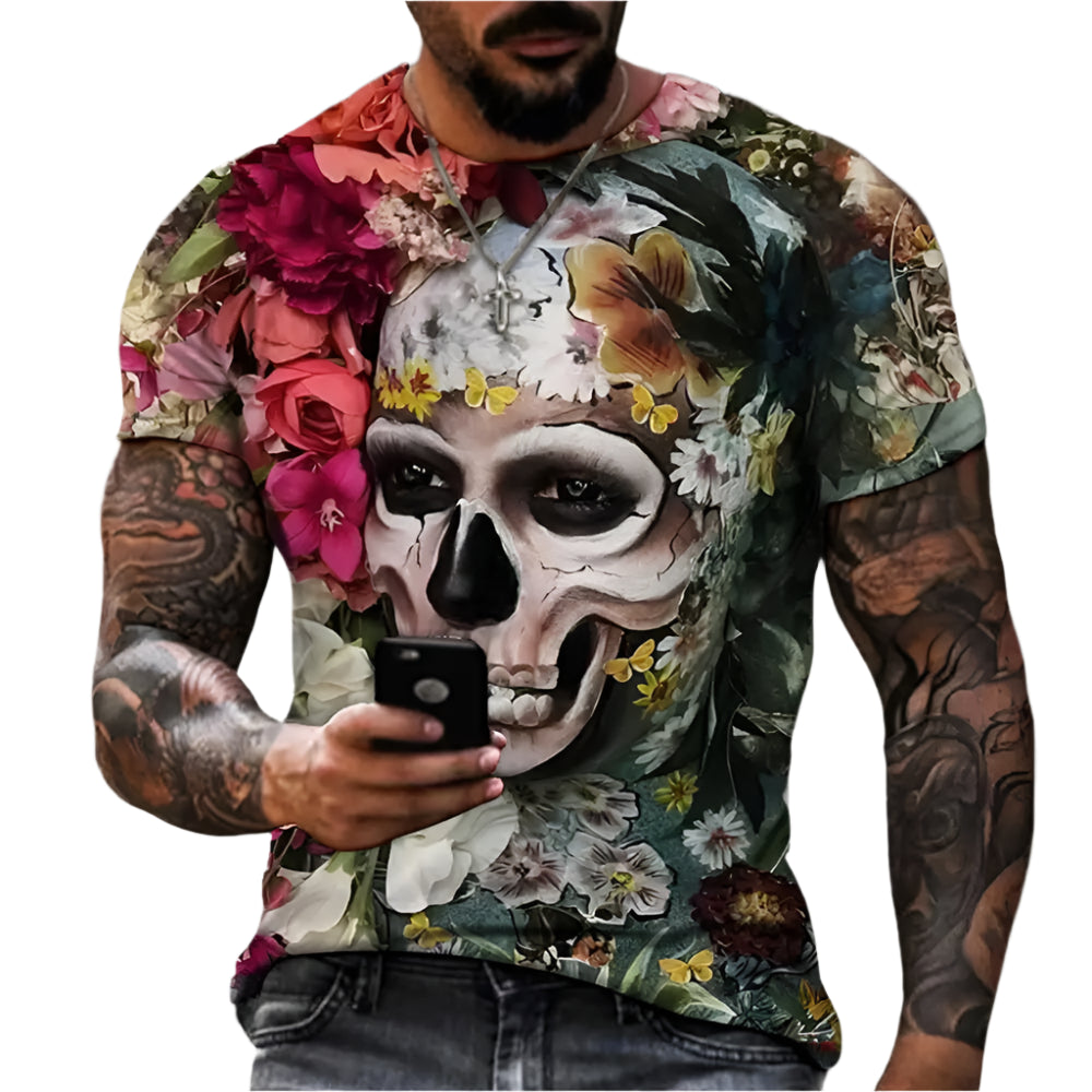 Gothic Skull Heart Hands Graphic Men's Casual T-Shirt – Cool Black Short Sleeve Crewneck Streetwear Tee