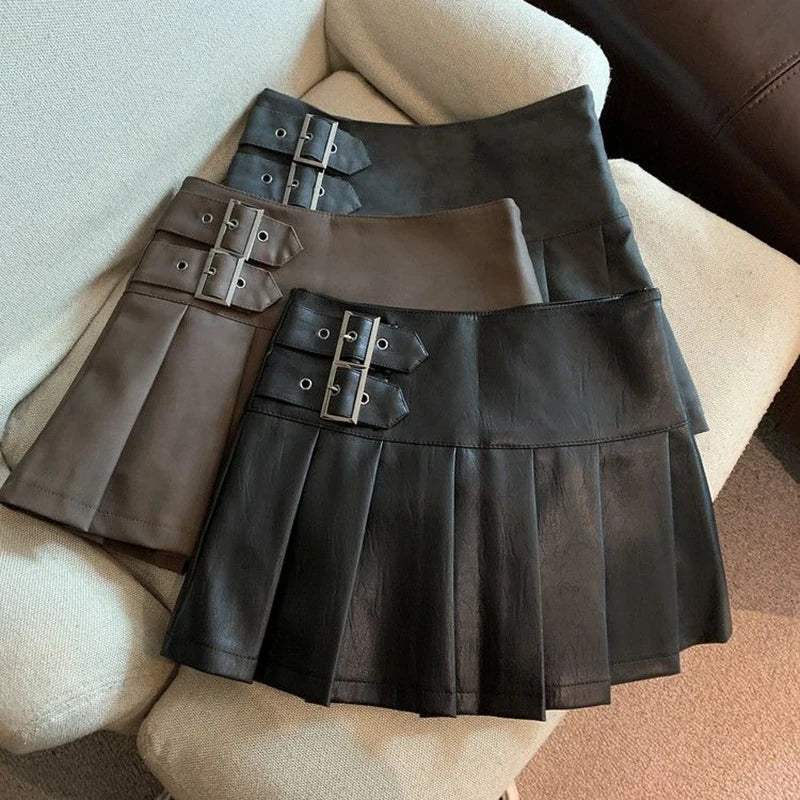 Women Vintage Mini Leather Pleated Skirt