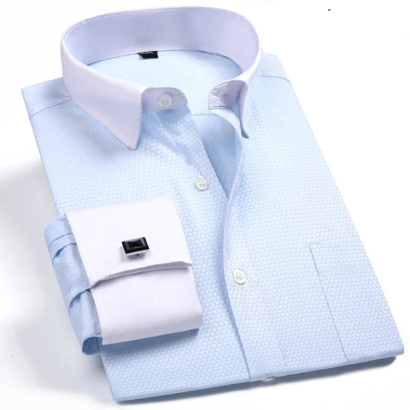 Men’s French Cuff Tuxedo Dress Shirt – Formal Long Sleeve Button-Up Shirt for Wedding, Party, or Office – Sizes M to 6XL