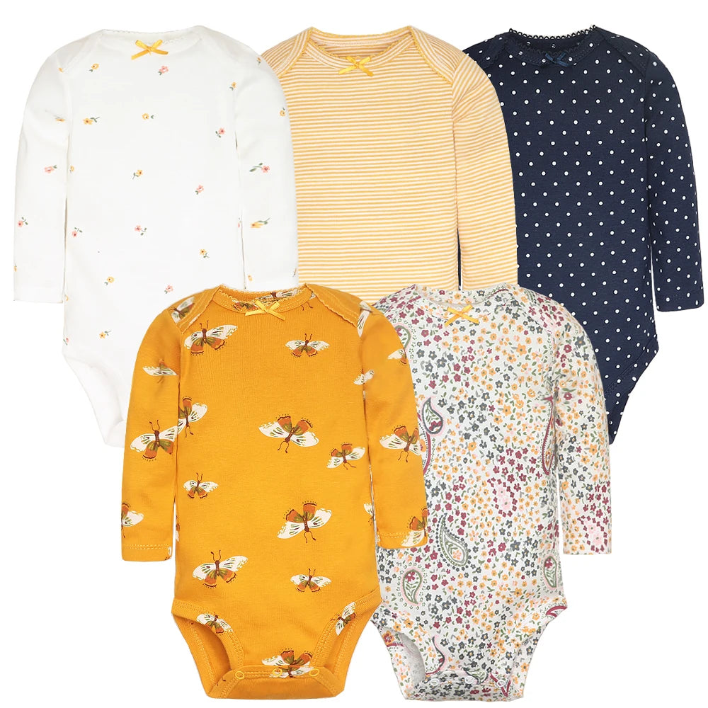Soft Cotton Baby Bodysuits Set – 3 to 5 PCS Long Sleeve Infant Romper for Boys & Girls - Cute Cartoon Jumpsuit for All Seasons