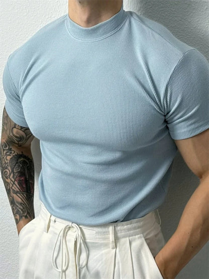 High Collar Stripe Short Sleeve Fitness T-shirt For Men