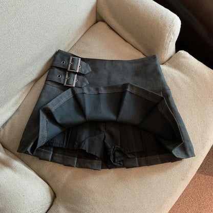 Women Vintage Mini Leather Pleated Skirt