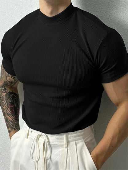 High Collar Stripe Short Sleeve Fitness T-shirt For Men