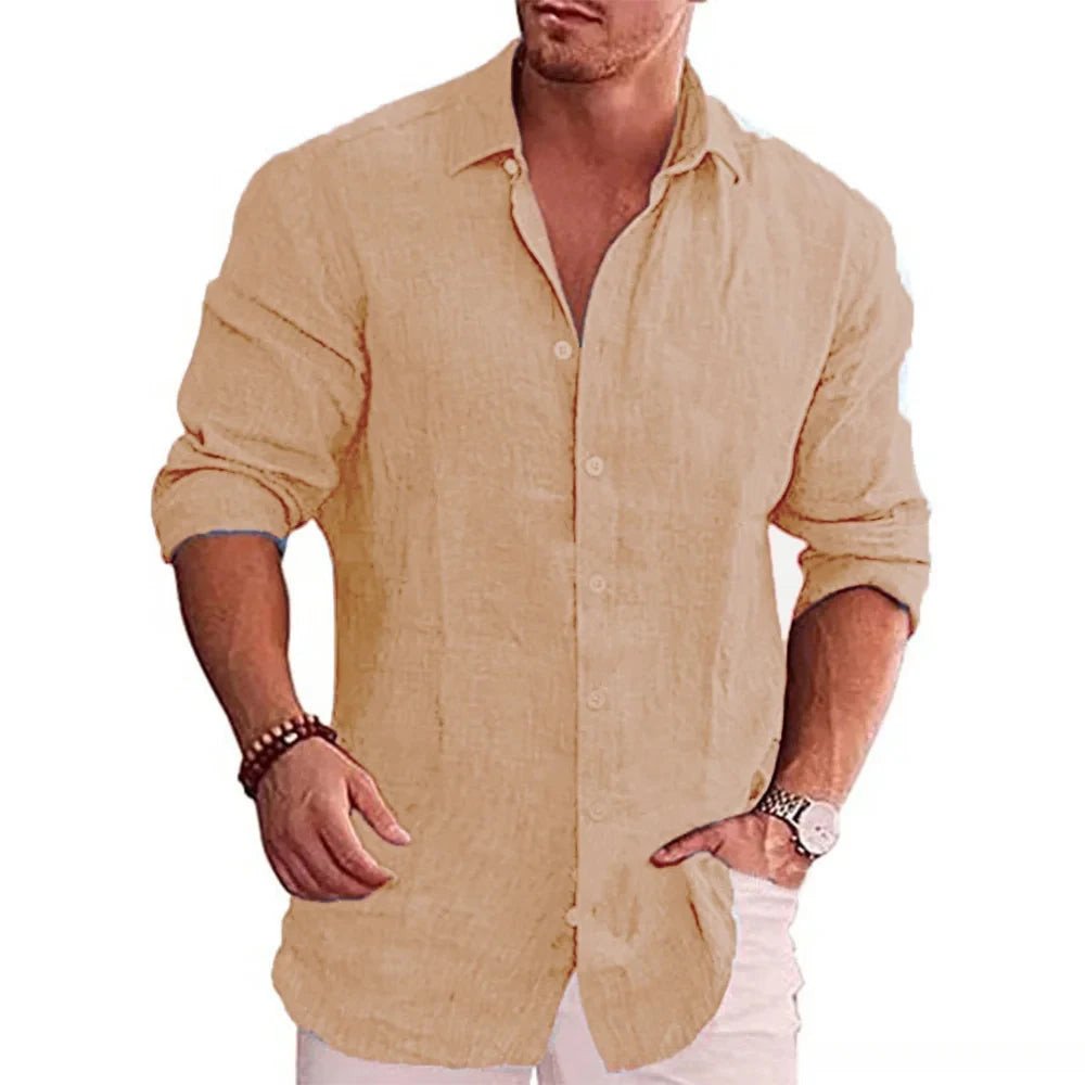Men’s Casual Long Sleeve Cotton Linen Shirt – Lightweight Breathable Spring & Autumn Button-Down Top