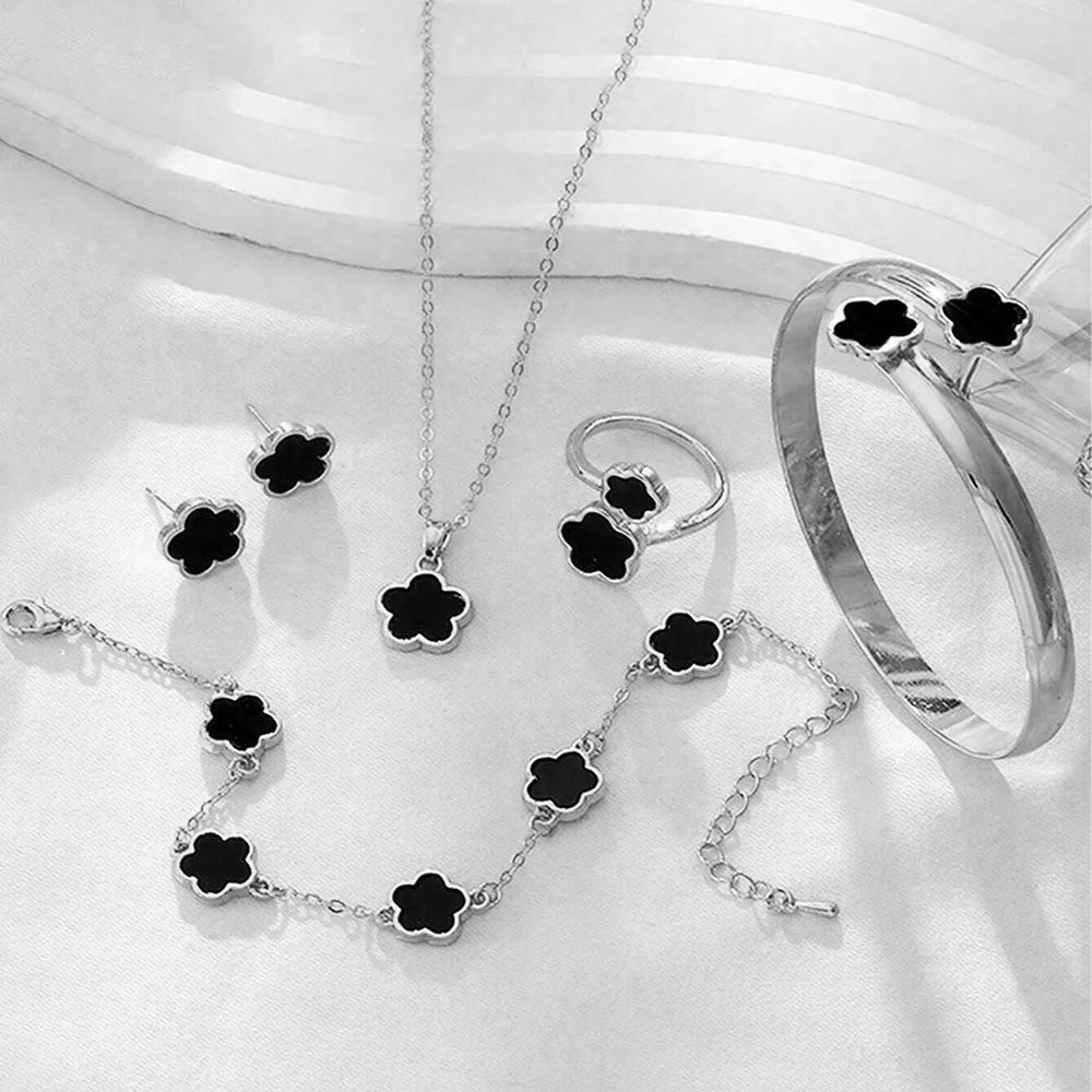 Lucky Five-Petal Flower Jewelry Set for Women – 5pcs Fashion Necklace, Earrings, Ring, Bracelet- Anniversary & Birthday Gift