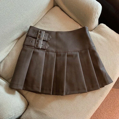 Women Vintage Mini Leather Pleated Skirt