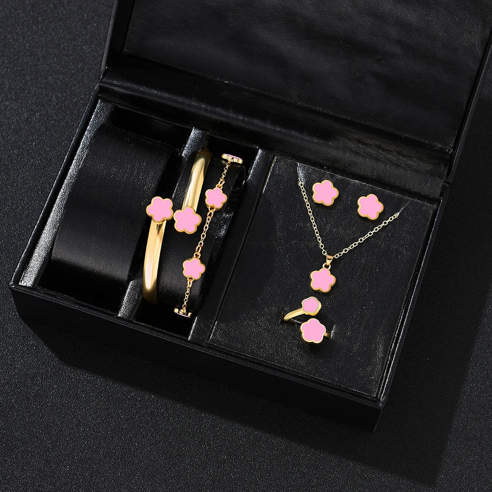 Lucky Five-Petal Flower Jewelry Set for Women – 5pcs Fashion Necklace, Earrings, Ring, Bracelet- Anniversary & Birthday Gift