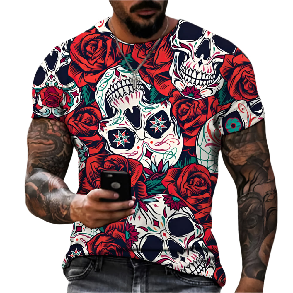 Gothic Skull Heart Hands Graphic Men's Casual T-Shirt – Cool Black Short Sleeve Crewneck Streetwear Tee