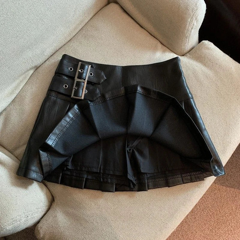 Women Vintage Mini Leather Pleated Skirt