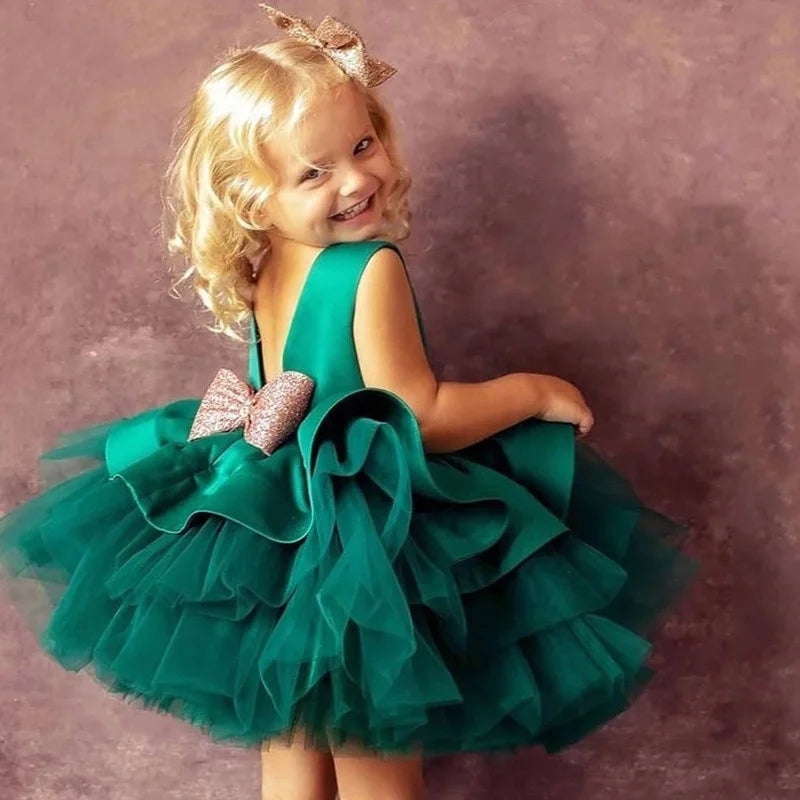 Elegant Bow Backless Christmas & Birthday Party Dress for Girls – Sleeveless Knee-Length Princess Ball Gown (1–3Y)