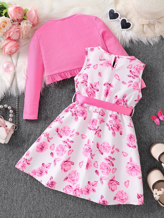 Chic Autumn Floral Dress Set for Girls – 2-Piece Long Sleeve Vest &amp; Skirt Outfit