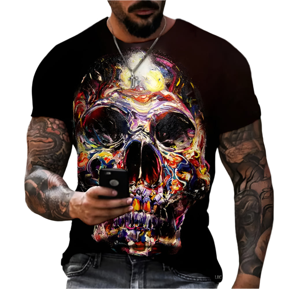 Gothic Skull Heart Hands Graphic Men's Casual T-Shirt – Cool Black Short Sleeve Crewneck Streetwear Tee