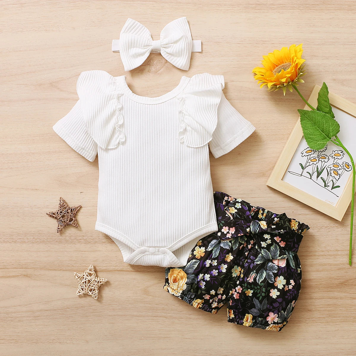 Adorable Baby Girl Summer Outfit Set – Floral Print Ruffle Top with Matching Headband & Shoes | Sizes 3M–24M