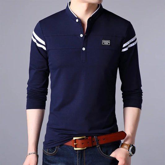 Men’s Stylish Patchwork Polo Shirt – Long Sleeve, Contrast Color, Casual Slim Fit for Spring & Autumn