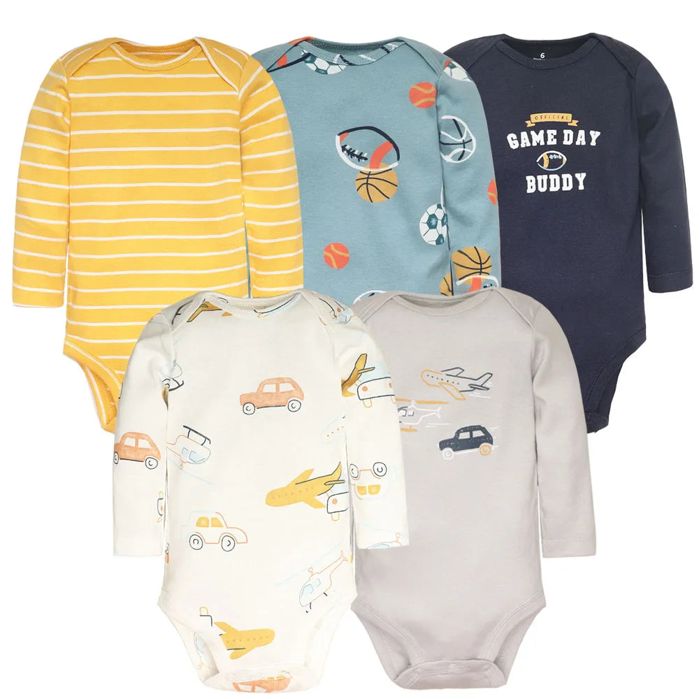 Soft Cotton Baby Bodysuits Set – 3 to 5 PCS Long Sleeve Infant Romper for Boys & Girls - Cute Cartoon Jumpsuit for All Seasons