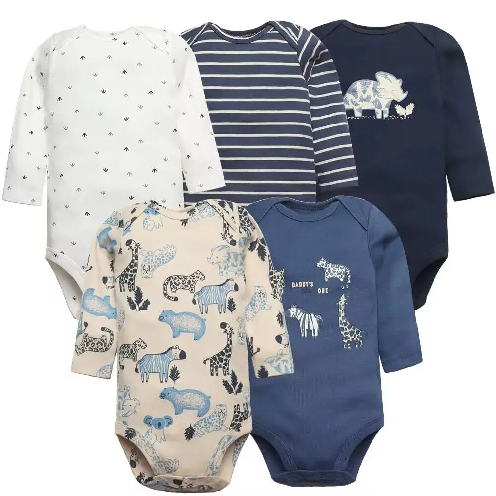 Soft Cotton Baby Bodysuits Set – 3 to 5 PCS Long Sleeve Infant Romper for Boys & Girls - Cute Cartoon Jumpsuit for All Seasons
