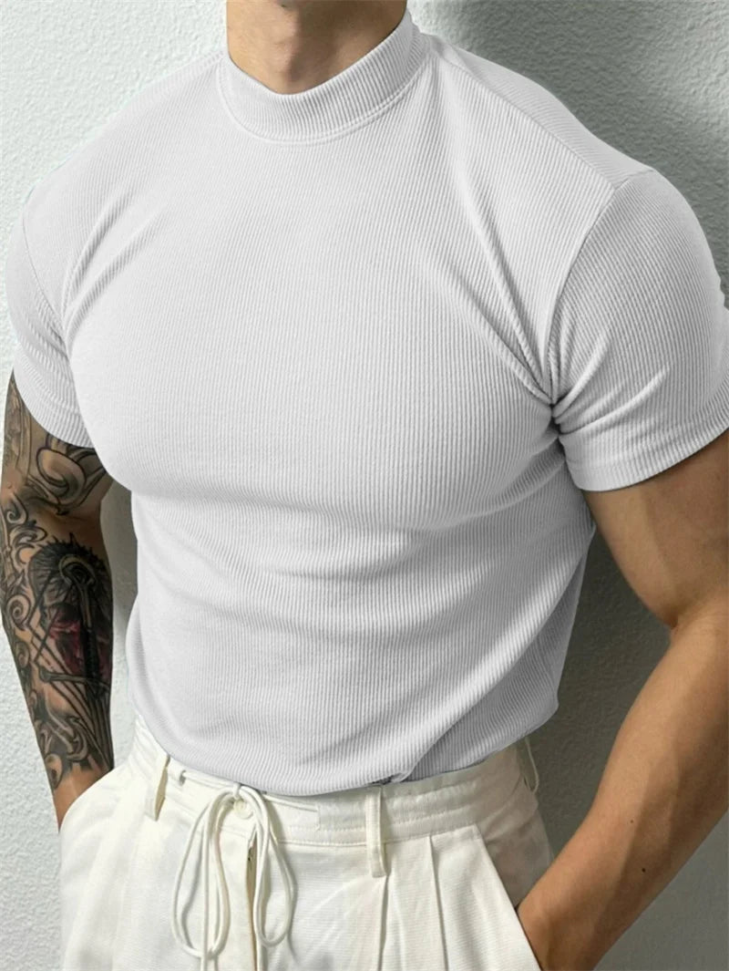 High Collar Stripe Short Sleeve Fitness T-shirt For Men