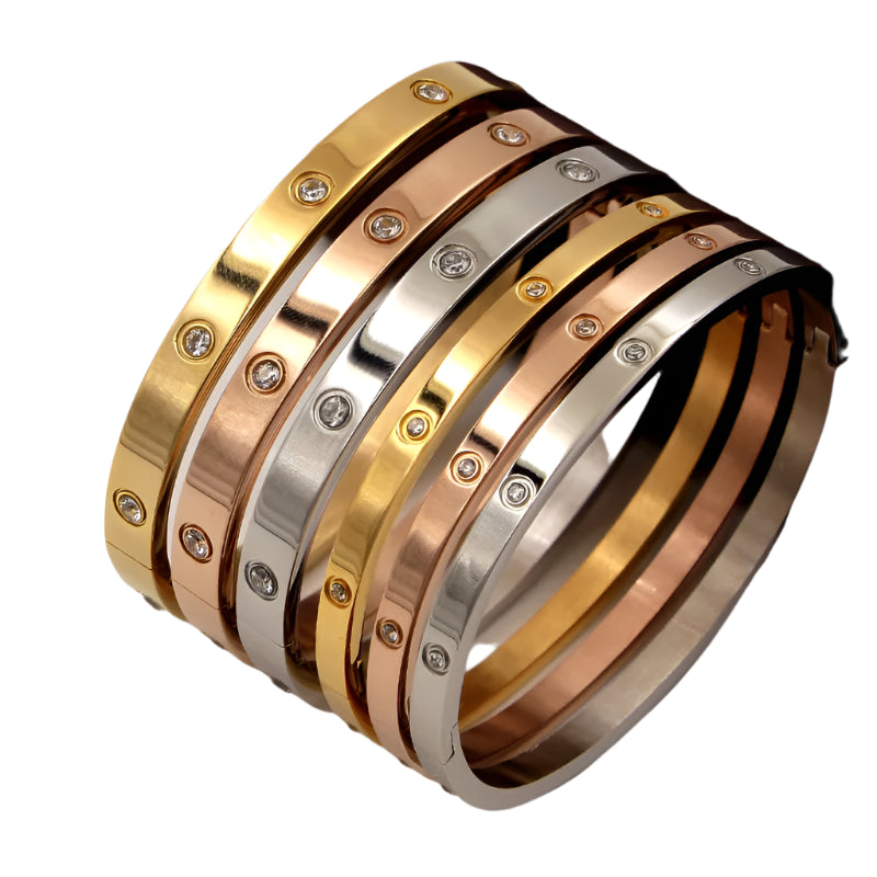 18K Platinum Plated Stainless Steel Diamond Oval Bangle Set