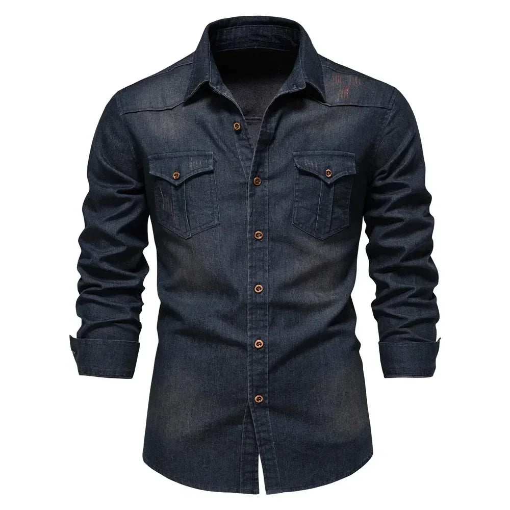 Men’s Slim Fit Long Sleeve Denim Shirt – Casual Cotton Button-Down Cowboy Style for Spring & Autumn