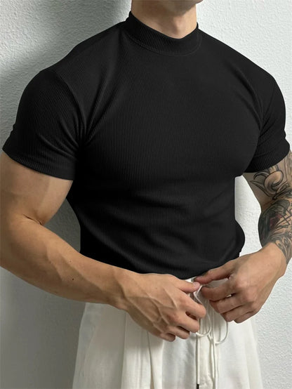 High Collar Stripe Short Sleeve Fitness T-shirt For Men