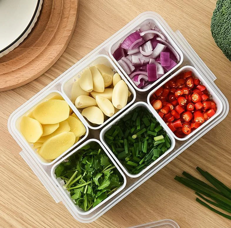 Multi-Grid Refrigerator Fresh-Keeping Box – Garlic, Onion, Ginger, Vegetable & Fruit Storage with Drain Basket