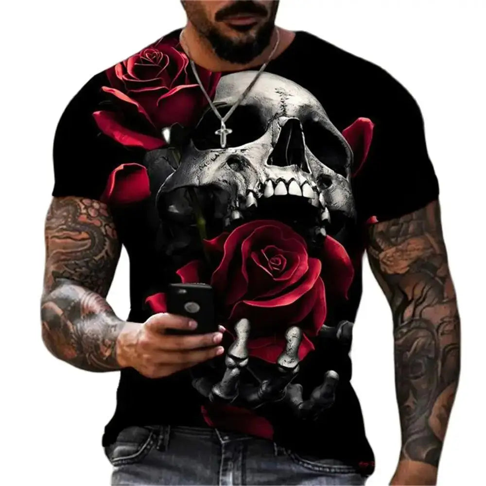 Gothic Skull Heart Hands Graphic Men's Casual T-Shirt – Cool Black Short Sleeve Crewneck Streetwear Tee