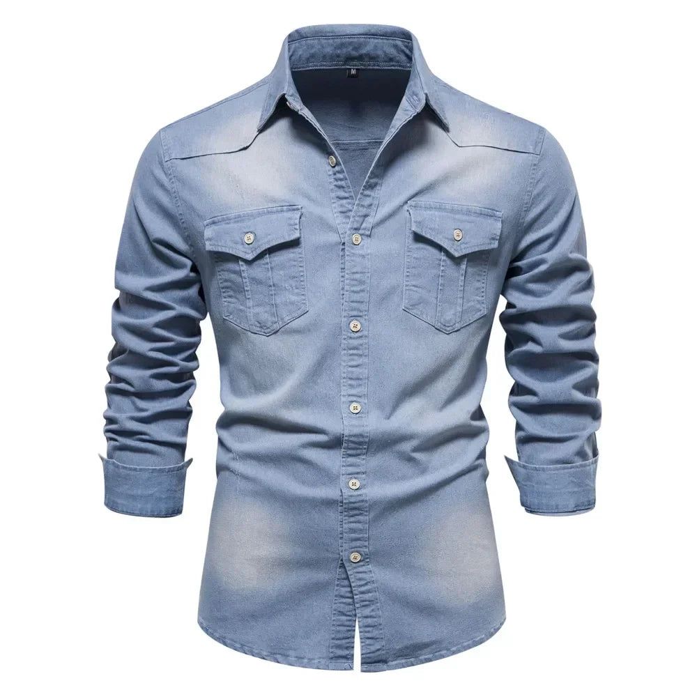 Men’s Slim Fit Long Sleeve Denim Shirt – Casual Cotton Button-Down Cowboy Style for Spring & Autumn
