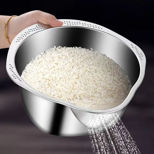 Rice Washer Strainer Bowl - 4-in-1 Washing Bowl for Quinoa -Stainless Steel Rinser With Side Drains