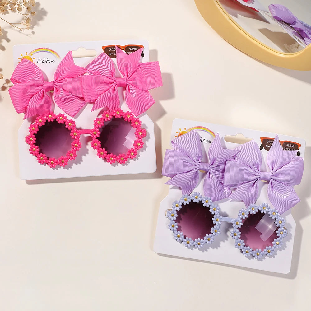 3-Piece Cheer Bow Hair Clip & Retro Flower Sunglasses Set – Handmade Cute Kids Accessories